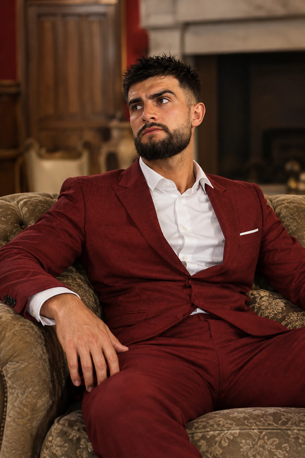 Quentin, assis dans un fauteuil, en costume bordeaux